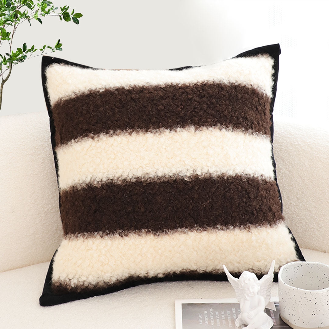 SOGA 45cm Cozy Brown & Cream Striped Bouclé Square Pillowcase