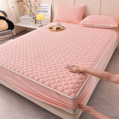 SOGA 2X Pink 153cm Wide Mattress Cover Thick Quilted Fleece Stretchable Clover Design Bed Spread Sheet Protector with Pillow Covers