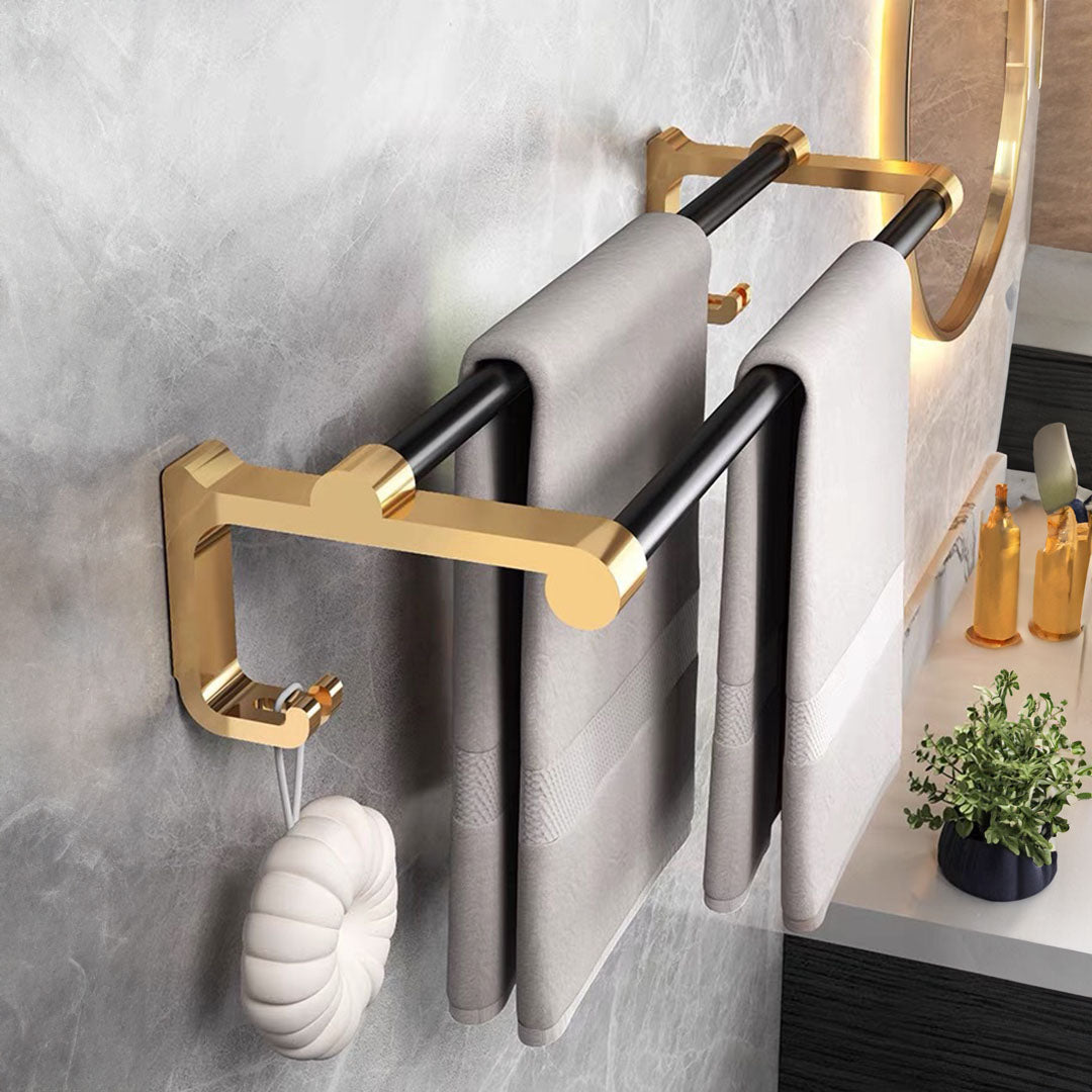 SOGA 2X 61cm Wall-Mounted Double Pole Towel Holder Bathroom Organiser Rail Hanger with Hooks