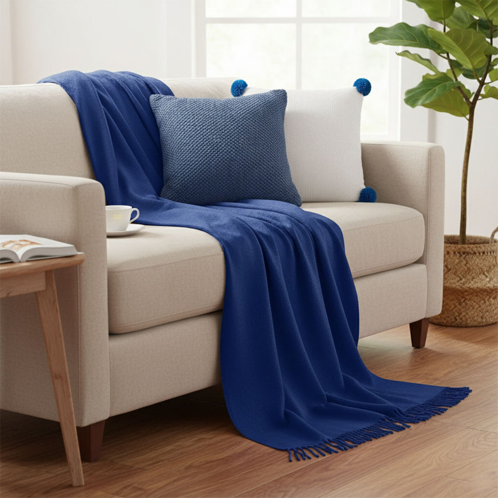 SOGA 3PC Cozy Set – Royal Blue Knit Throw Blanket with Decorative Pillow Covers (Textured Navy & Cream Ribbed Pom-Pom Design)