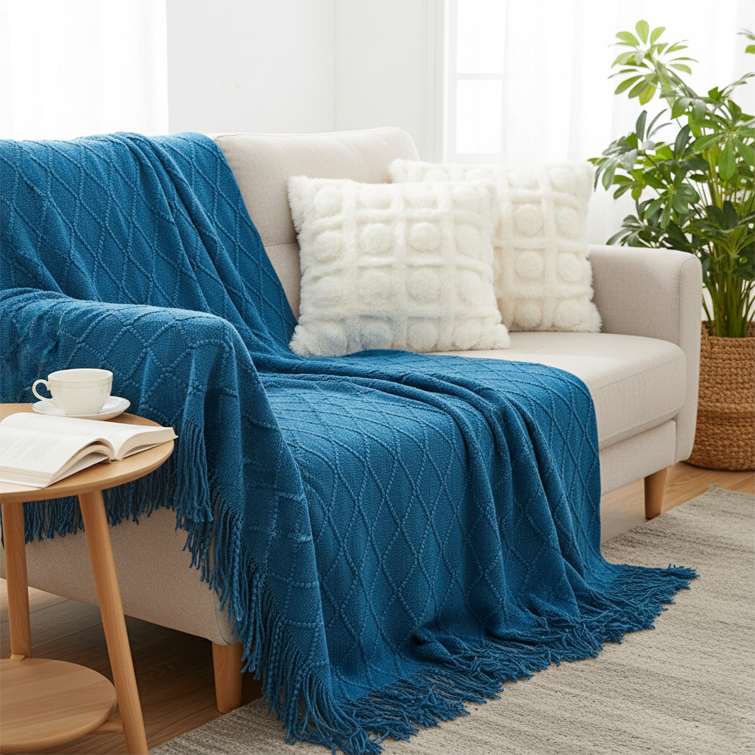 SOGA 3PC Cozy Set – Royal Blue Diamond Knit Throw Blanket with Cream Pom-Pom Grid Pillow Covers