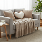 SOGA 4PC Set – Coffee Diamond Knitted Throw with Tassels + Taupe Grid Pillowcases & Heart Plush Pillow – Cozy Neutral Decor