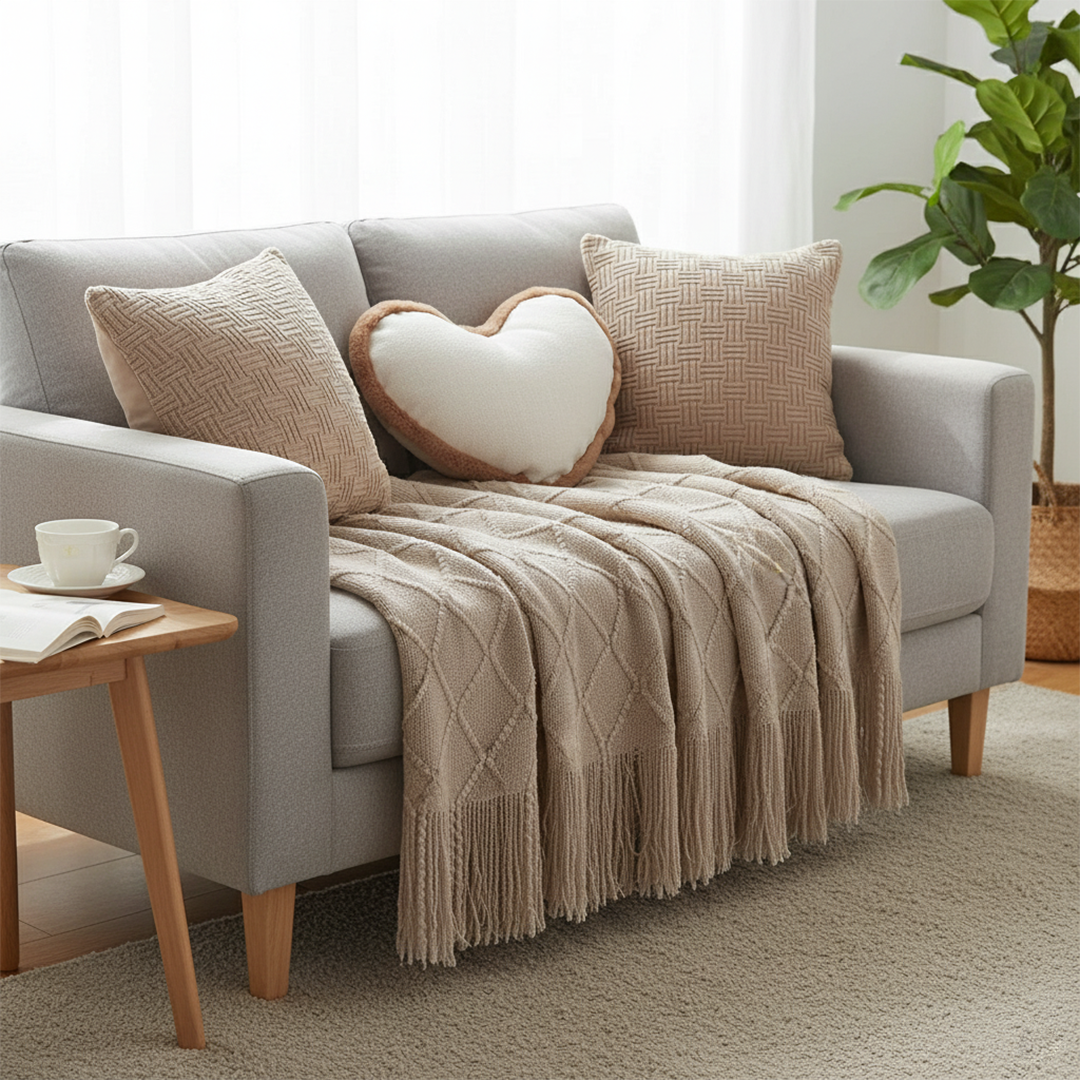 SOGA 4PC Set – Coffee Diamond Knitted Throw with Tassels + Taupe Grid Pillowcases & Heart Plush Pillow – Cozy Neutral Decor