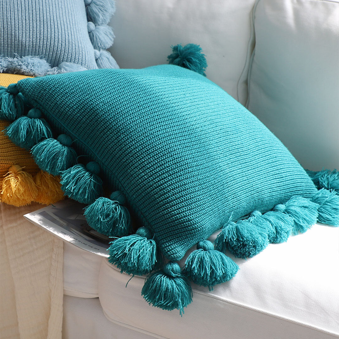 SOGA 45cm Textured Pillowcase with Pom-Pom Trim (Emerald Green)