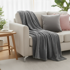 SOGA 3PC Cozy Set – Gray Striped Flannel Throw Blanket with Pillow Covers (Velvet Dove Gray + Soft Pink Pom-Pom Design)
