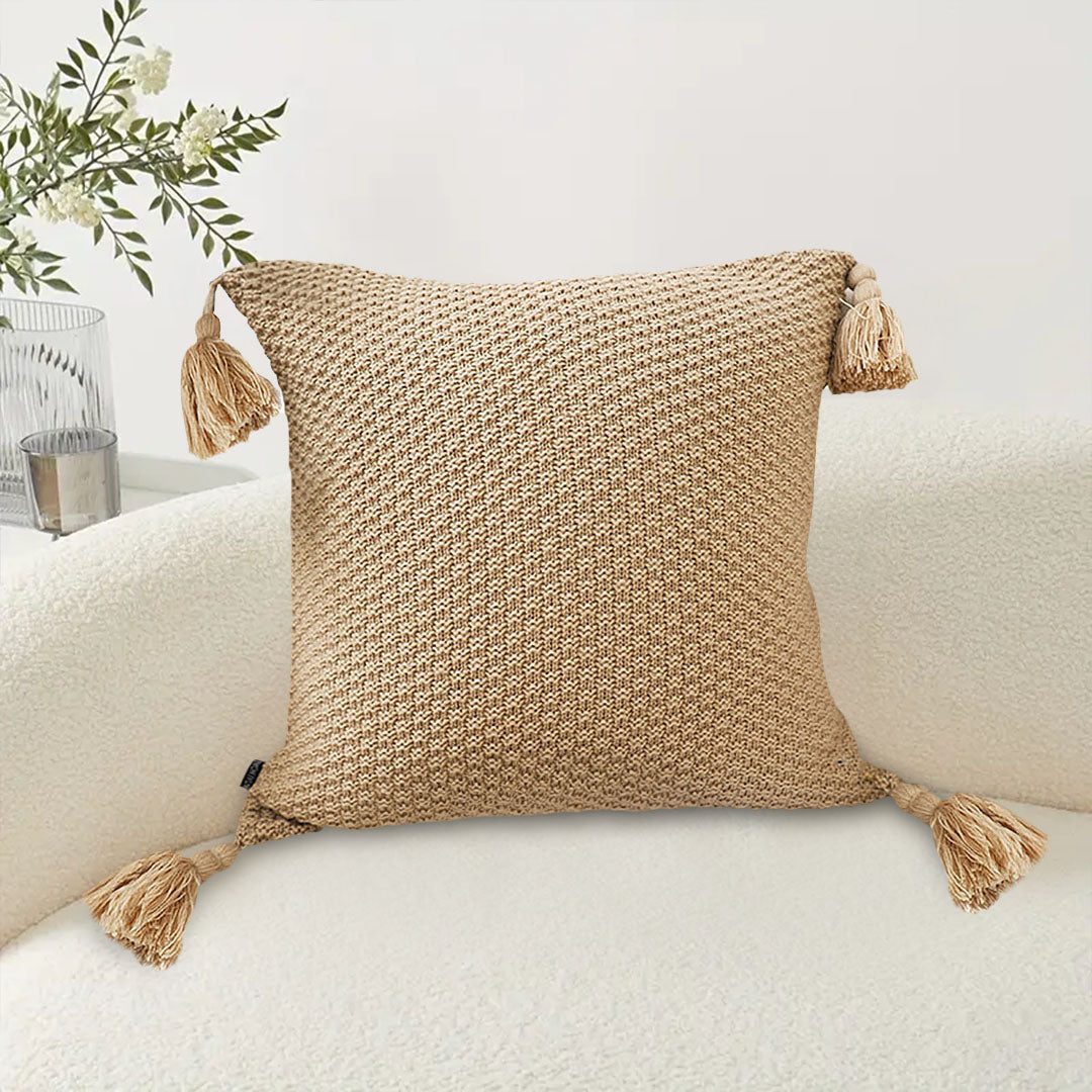 SOGA 2x 50CM Light Brown Pillow with Tassel Accents, Rizzy Transitional Cover Throw Pillow