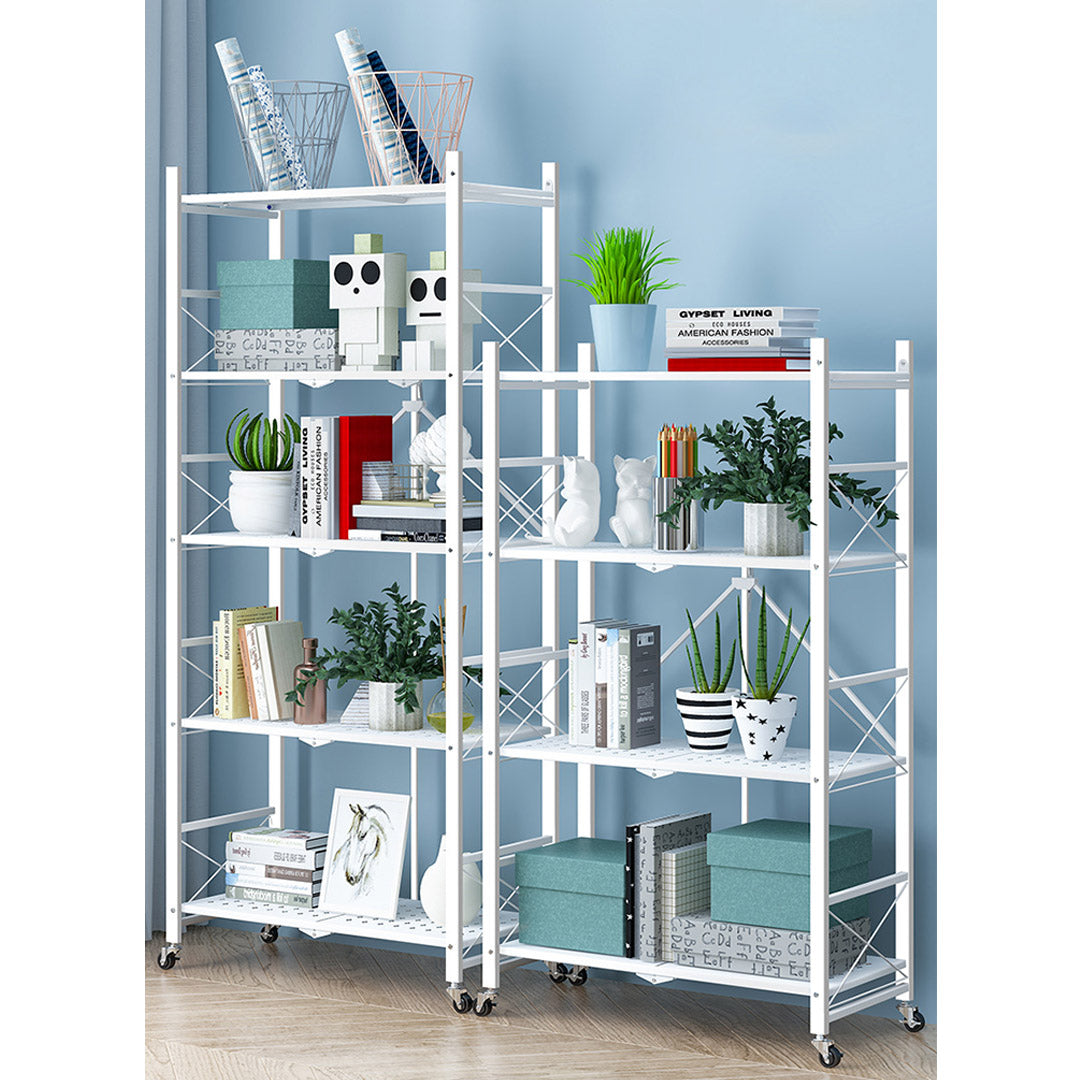 SOGA 4 Tier Steel White Foldable Display Stand Multi-Functional Shelves Portable Storage Organizer with Wheels