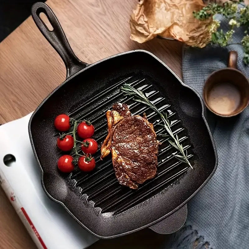 SOGA 2X 26cm Square Ribbed Cast Iron Frying Pan Skillet Steak Sizzle Platter with Handle