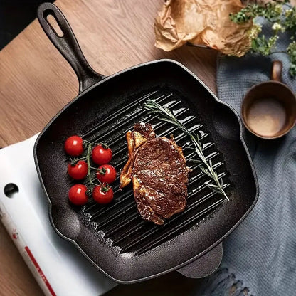 SOGA 2X 26cm Square Ribbed Cast Iron Frying Pan Skillet Steak Sizzle Platter with Handle