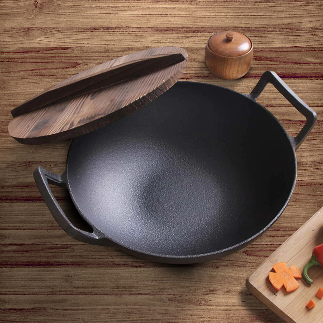 SOGA 2X 36CM Commercial Cast Iron Wok FryPan with Wooden Lid Fry Pan