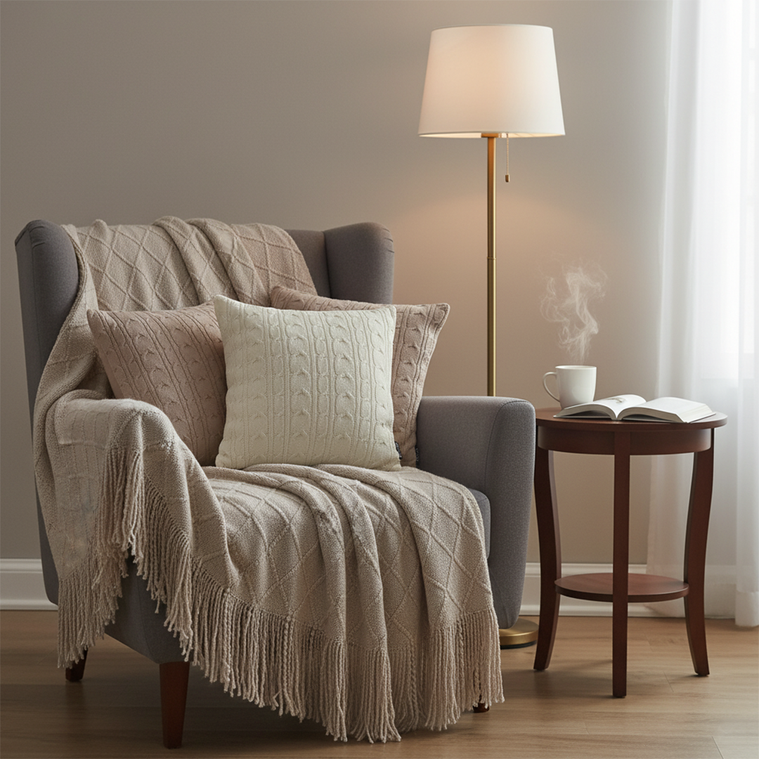 SOGA 4PC Set – Coffee Diamond Knitted Throw with Tassels + Dusty Rose & Cream Cable Knit Pillowcases – Cozy Decor