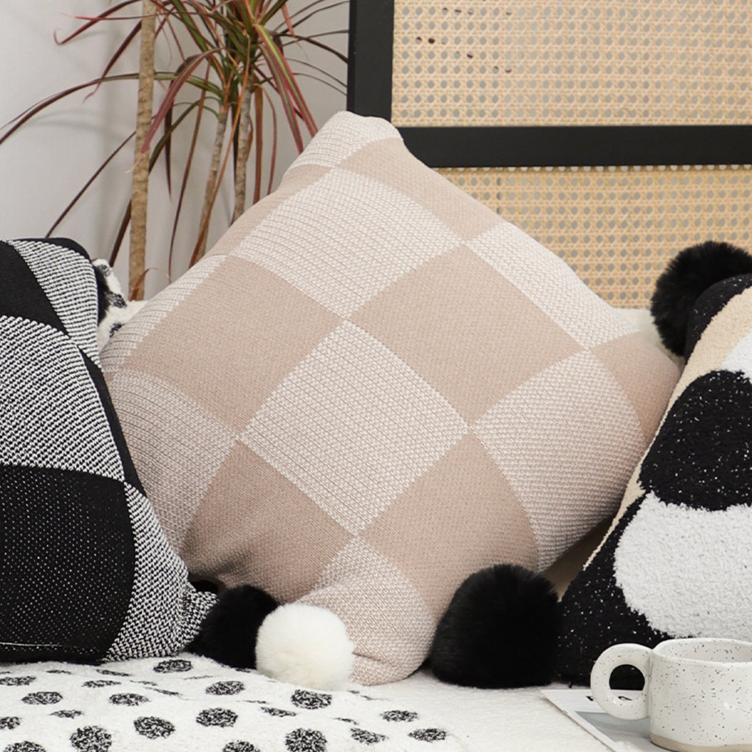 SOGA 2X 45cm Cozy Chic Checkerboard Knit Pillowcase with Pom Pom Trim