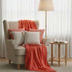 SOGA 5PC Set – Orange Knitted Throw with Fringes + Coral Polka Dot & Cream Tassel Pillowcases – Cozy Home Decor