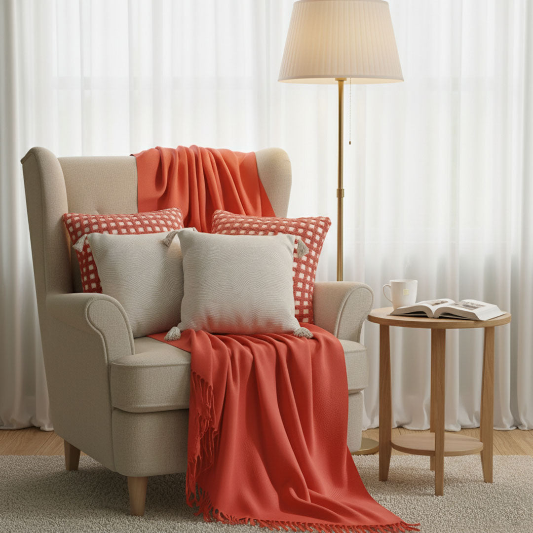 SOGA 5PC Set – Orange Knitted Throw with Fringes + Coral Polka Dot & Cream Tassel Pillowcases – Cozy Home Decor