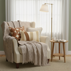 SOGA 4PC Set – Coffee Diamond Knitted Throw with Tassels + Striped, Geometric & Cream Pillowcases – stylish Decor