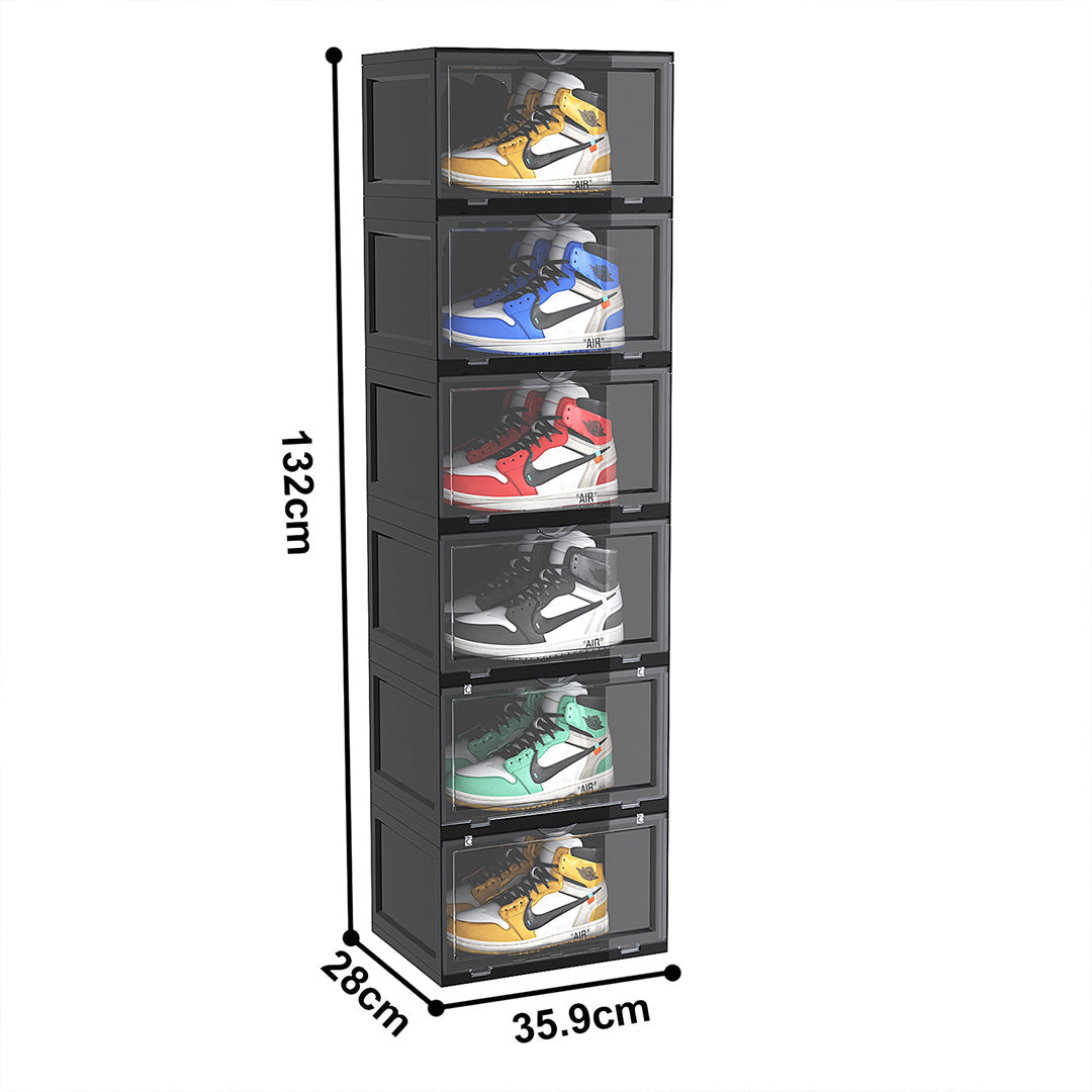 SOGA 2X 6 Tier Black Portable Shoe Organiser Sneaker Footwear Folding Plastic Bin Stackable Storage Box with Magnetic Door