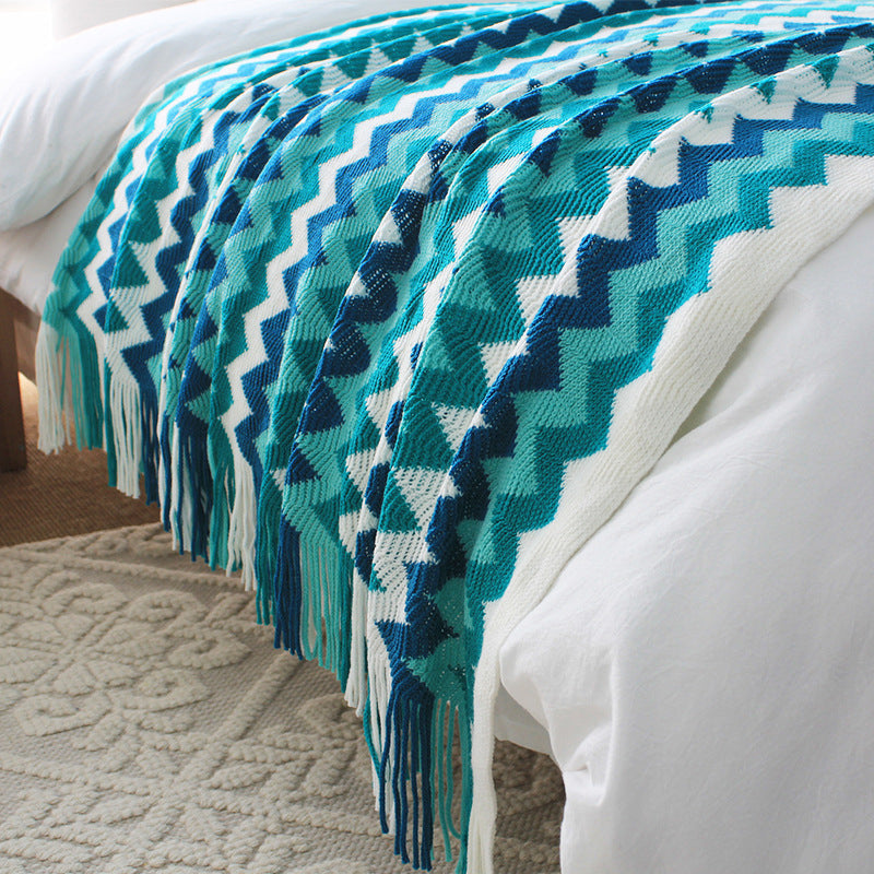 SOGA 220cm Blue Zigzag Striped Throw Blanket Acrylic Wave Knitted Fringed Woven Cover Couch Bed Sofa Home Decor