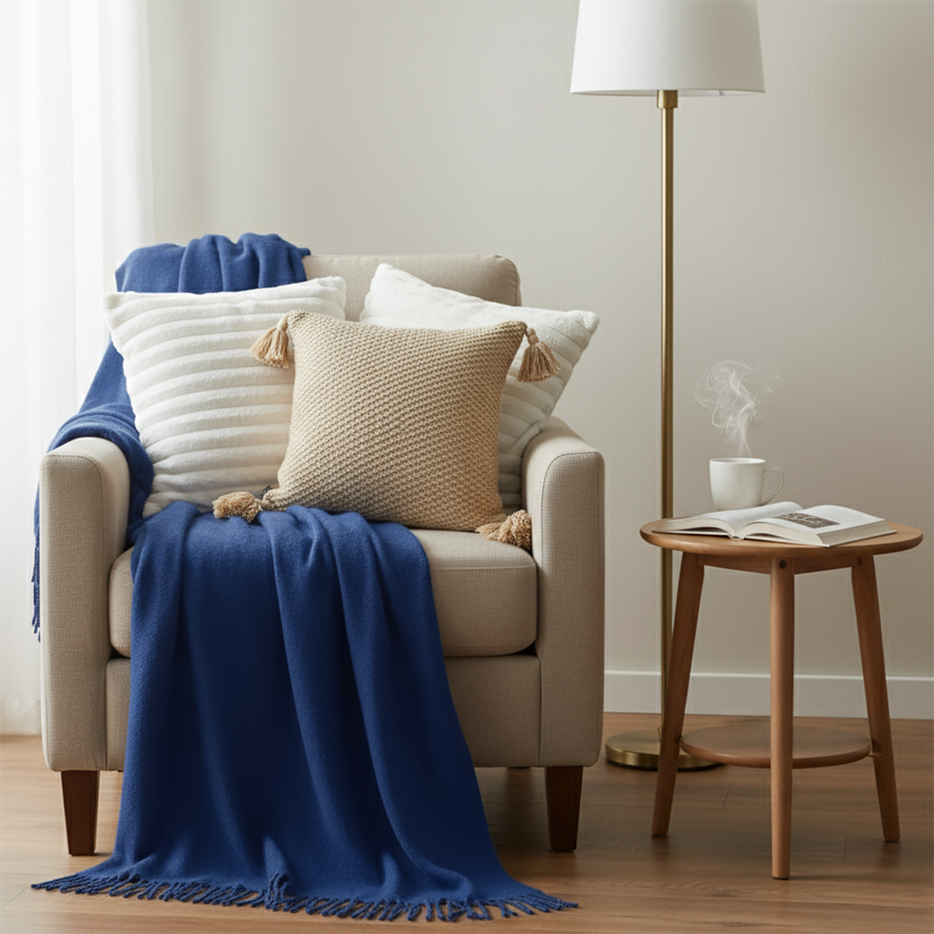 SOGA 5PC Set – Royal Blue Knitted Throw with Fringes + Beige Chunky Knit & White Textured Pillowcases