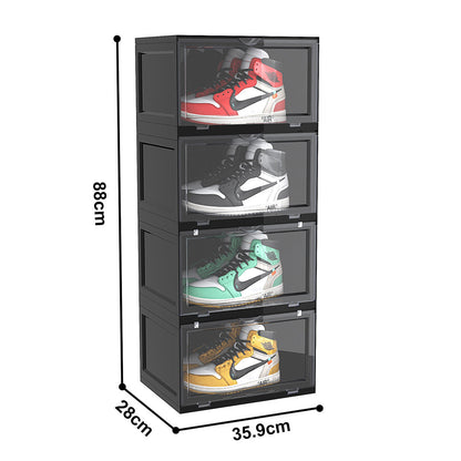 SOGA 4 Tier Black Portable Shoe Organiser Sneaker Footwear Folding Plastic Bin Stackable Storage Box with Magnetic Door