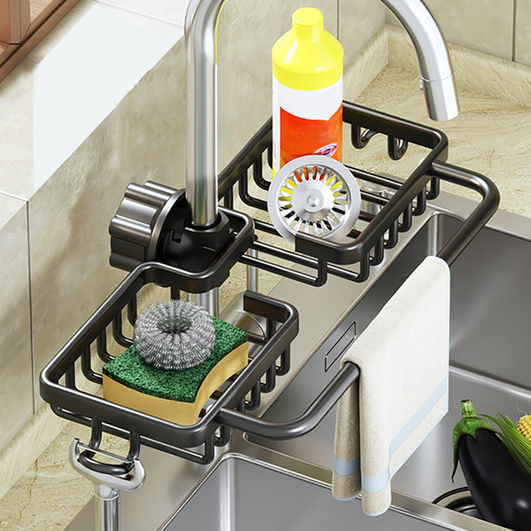 SOGA Black Kitchen Sink Organiser Faucet Soap Sponge Caddy Rack Drainer with Towel Bar Holder