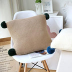 SOGA 45cm Ribbed Knit Pillowcase with Pom-Poms (Warm Beige)