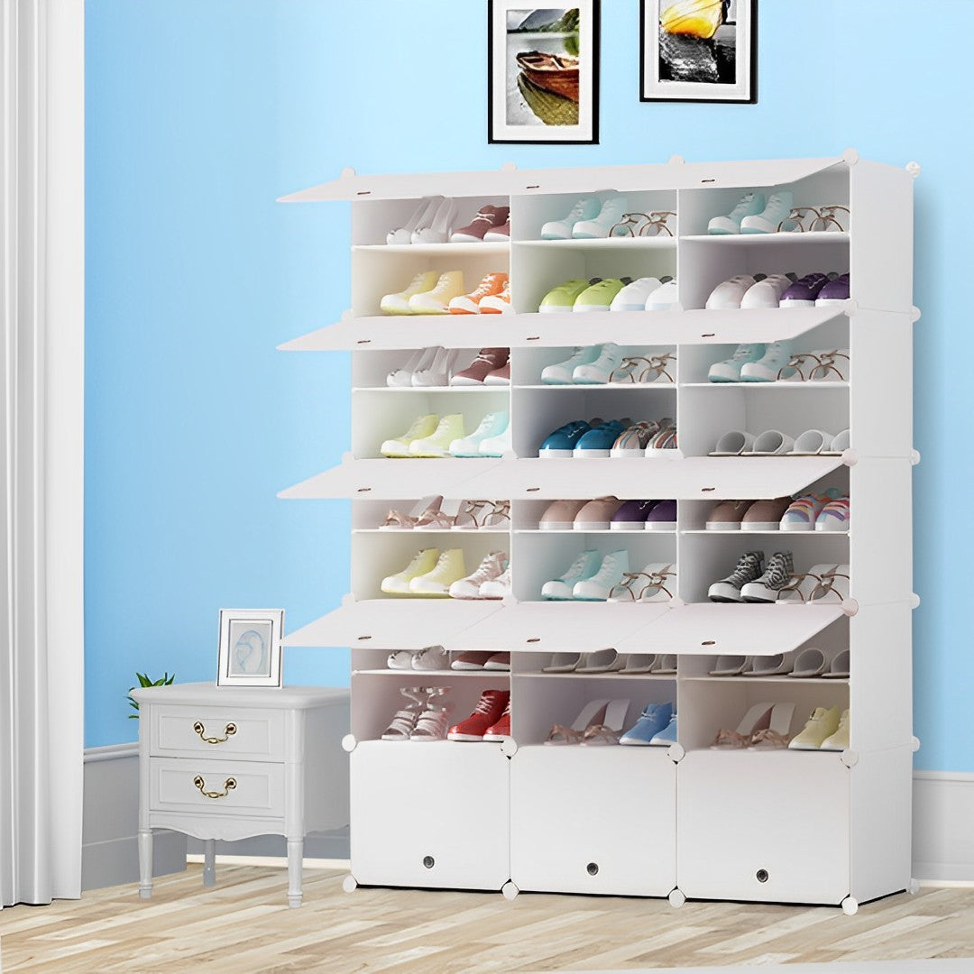 SOGA 9 Tier 3 Column White Shoe Rack Organizer Sneaker Footwear Storage Stackable Stand Cabinet Portable Wardrobe with Cover
