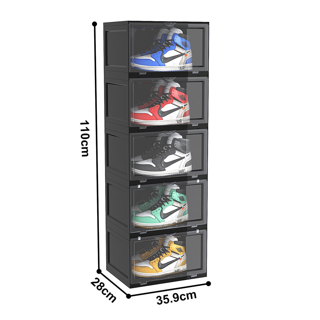 SOGA 5 Tier Black Portable Shoe Organiser Sneaker Footwear Folding Plastic Bin Stackable Storage Box with Magnetic Door