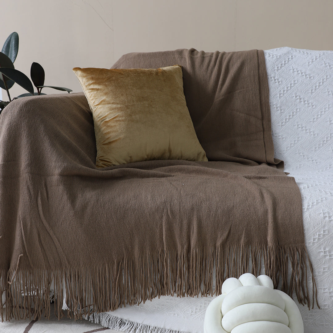 SOGA Acrylic Knitted Throw Blanket – Solid Warm Cozy Woven Cover with Fringes for Couch, Bed, Sofa & Home Decor, Coffee