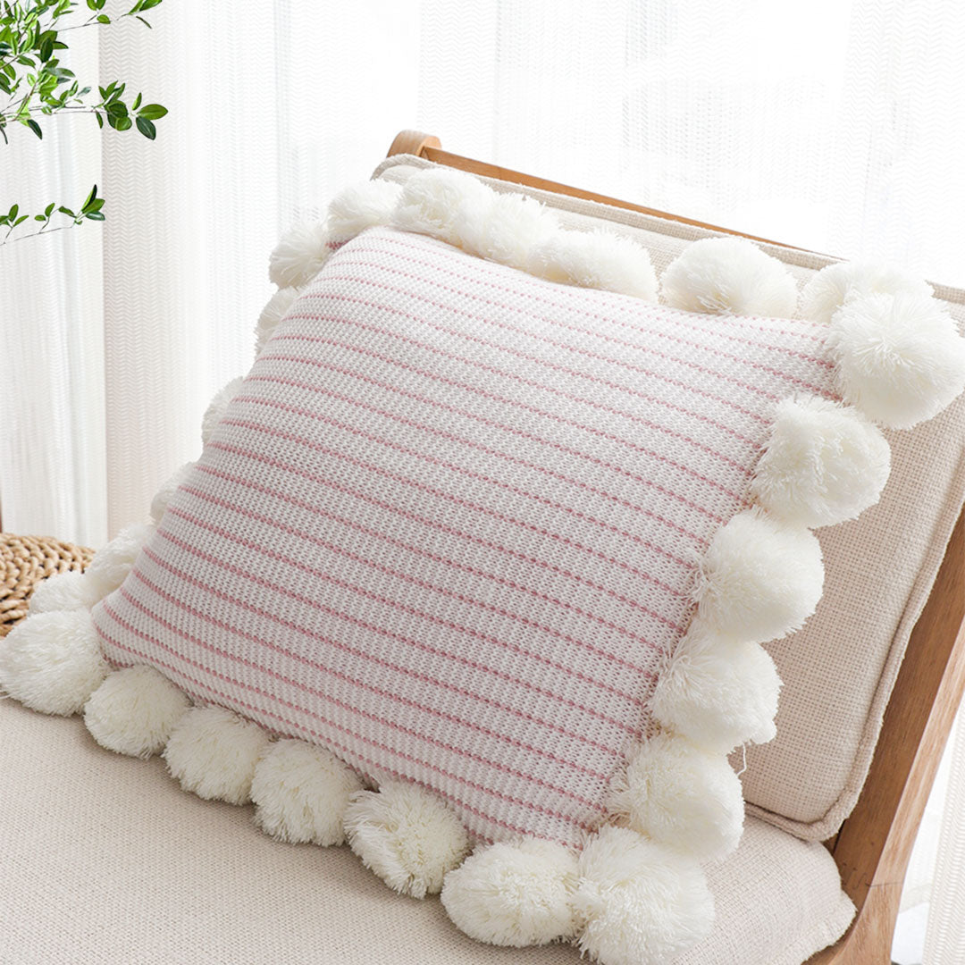 SOGA 45cm Cream Waffle Weave Pillow Cover with Pom Poms