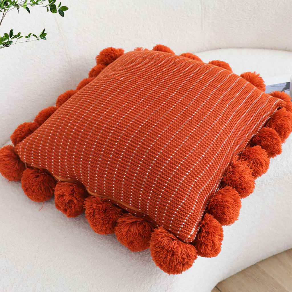SOGA 2X 45cm Rust Red Ribbed Pillow Covers with Pom Poms – Soft Decorative Cushion Cases for Sofa, Bed & Home Décor