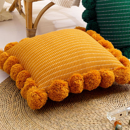 SOGA 45cm Mustard Yellow Ribbed Pillow Cover with Pom Poms