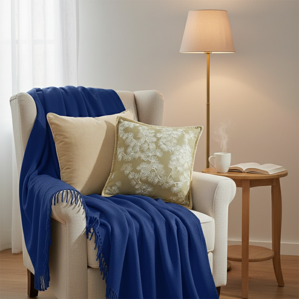 SOGA 5PC Set – Royal Blue Knitted Throw with Fringes + Champagne Velvet & Floral Pillowcases – Cozy Elegant Decor
