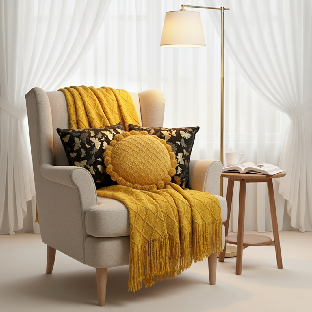 SOGA 4PC Yellow Diamond Knitted Throw Blanket with Tassels, 2x 45cm Vintage Butterfly & 45cm Quilted Luxury Pillowcases