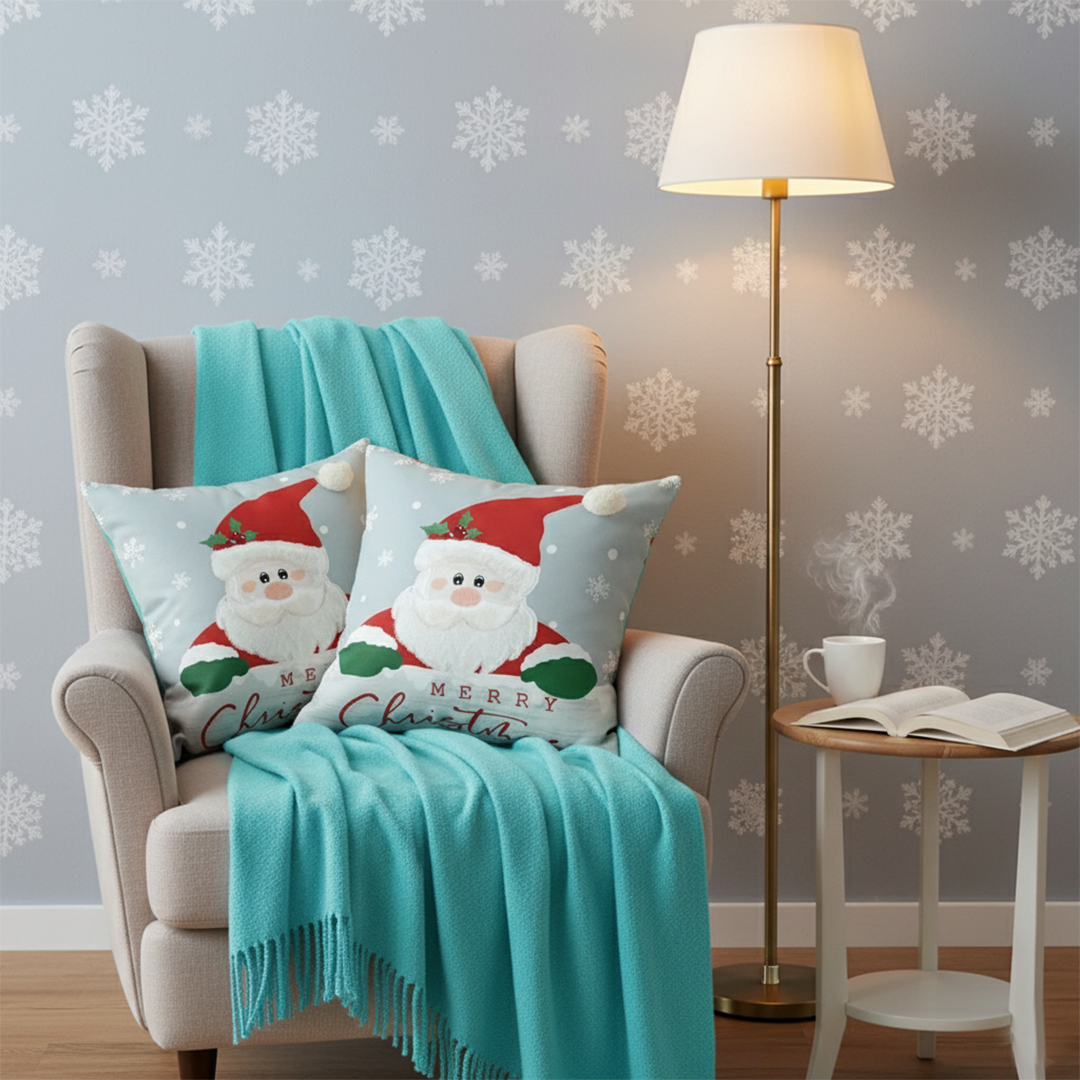 SOGA 4PC Holiday Set – Teal Knit Throw Blanket with Christmas & Light Blue Pom-Pom Pillow Covers