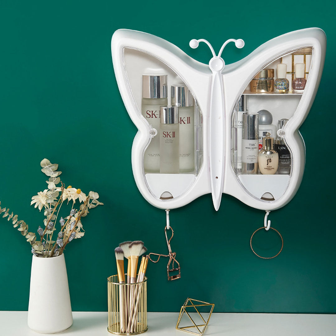 SOGA 2X White Butterfly Shape Wall-Mounted Makeup Organiser Dustproof Waterproof Bathroom Storage Box Home Decor