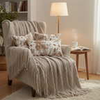 SOGA 4PC Set – Coffee Diamond Knitted Throw with Tassel + Rustic Bloom Pillowcases – Cozy Elegant Decor