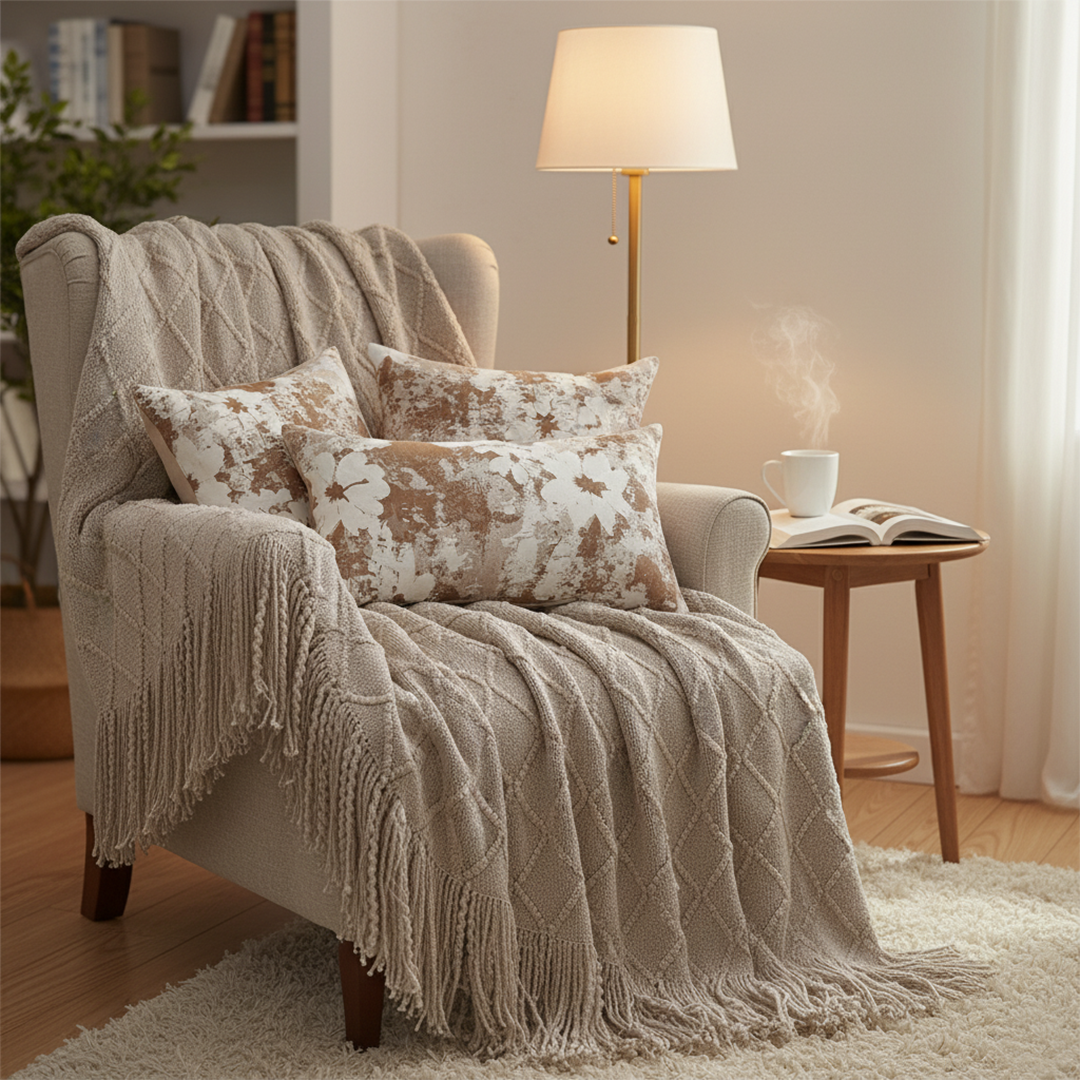 SOGA 4PC Set – Coffee Diamond Knitted Throw with Tassel + Rustic Bloom Pillowcases – Cozy Elegant Decor