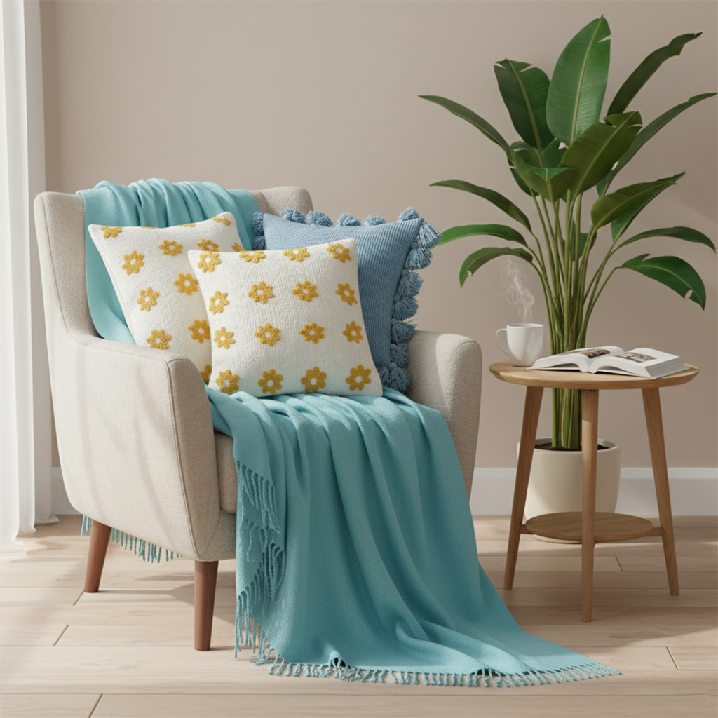 SOGA 4PC Set – Teal Knitted Throw Blanket + Sky Blue & Daisy Pillowcases – Cozy Home Decor