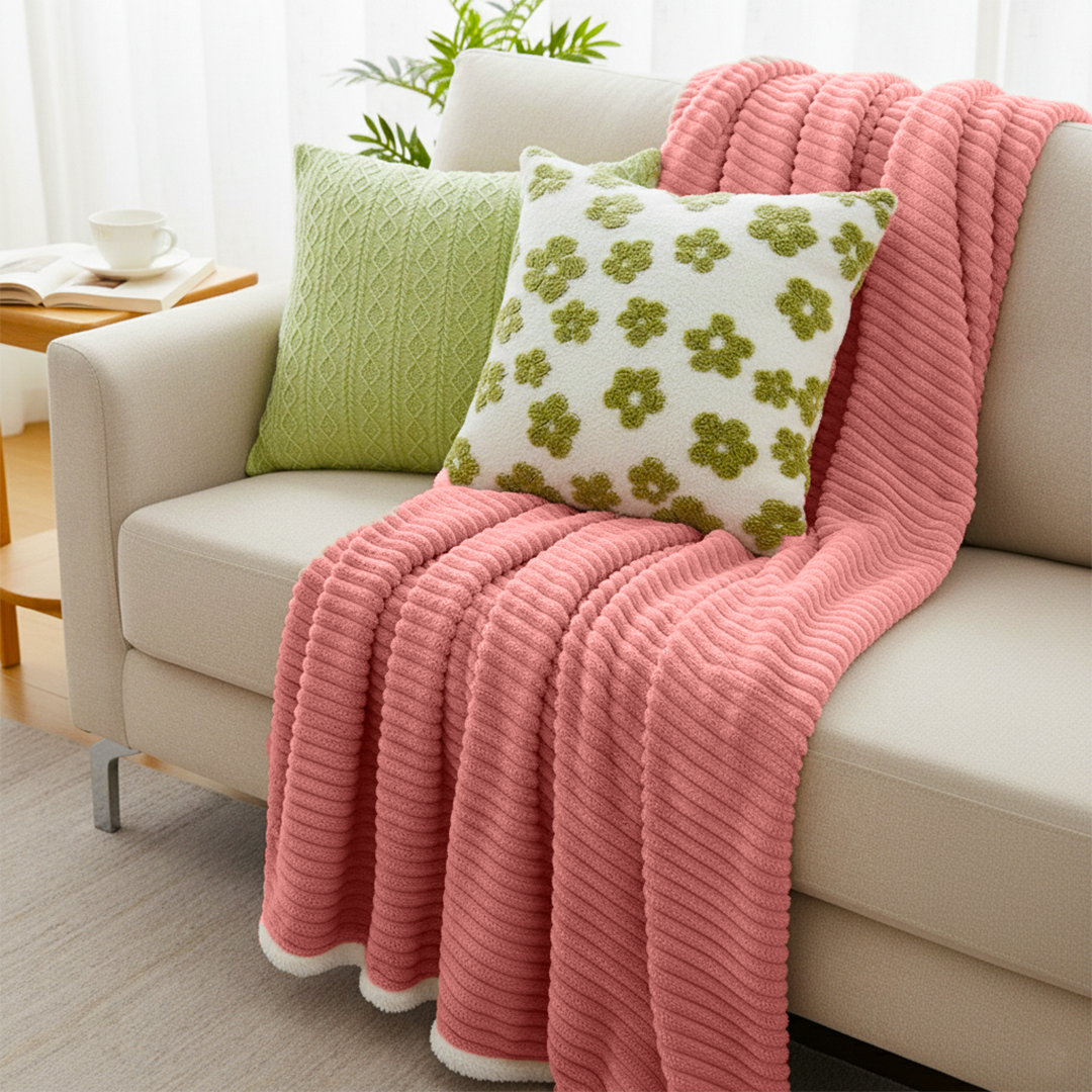 SOGA 3PC Cozy Set – Pink Flannel Throw Blanket with Decorative Pillow Covers (Garden Bloom & Cable Knit Fresh Design)