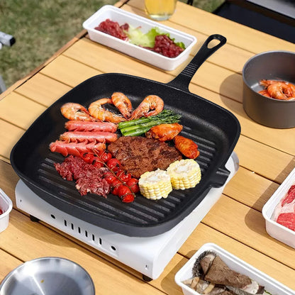 SOGA 2X 23.5cm Square Ribbed Cast Iron Frying Pan Skillet Steak Sizzle Platter with Handle