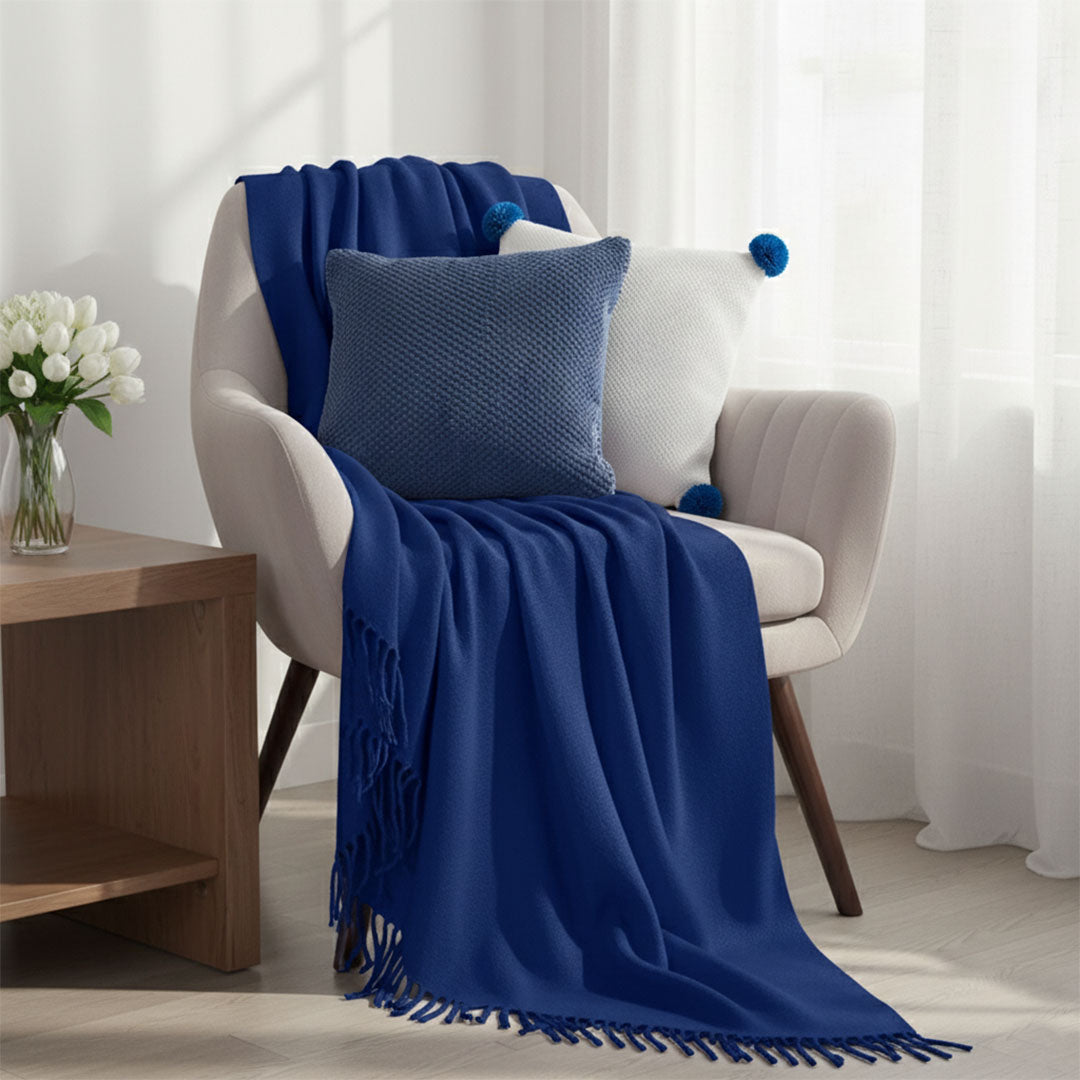 SOGA 3PC Cozy Set – Royal Blue Knit Throw Blanket with Decorative Pillow Covers (Textured Navy & Cream Ribbed Pom-Pom Design)