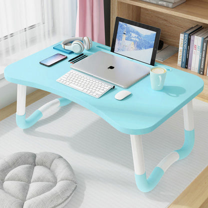 SOGA Blue Portable Bed Table Adjustable Foldable Bed Sofa Study Table Laptop Mini Desk with Notebook Stand Cup Slot Home Decor