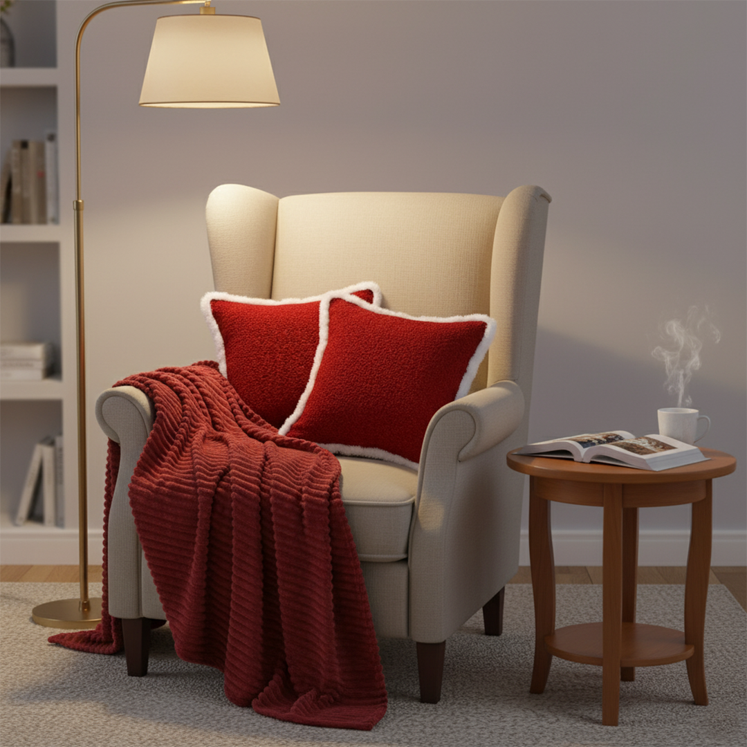 SOGA 3PC Cozy Set – Striped Flannel Throw Blanket with 2 Plush Crimson Red Pillow Covers