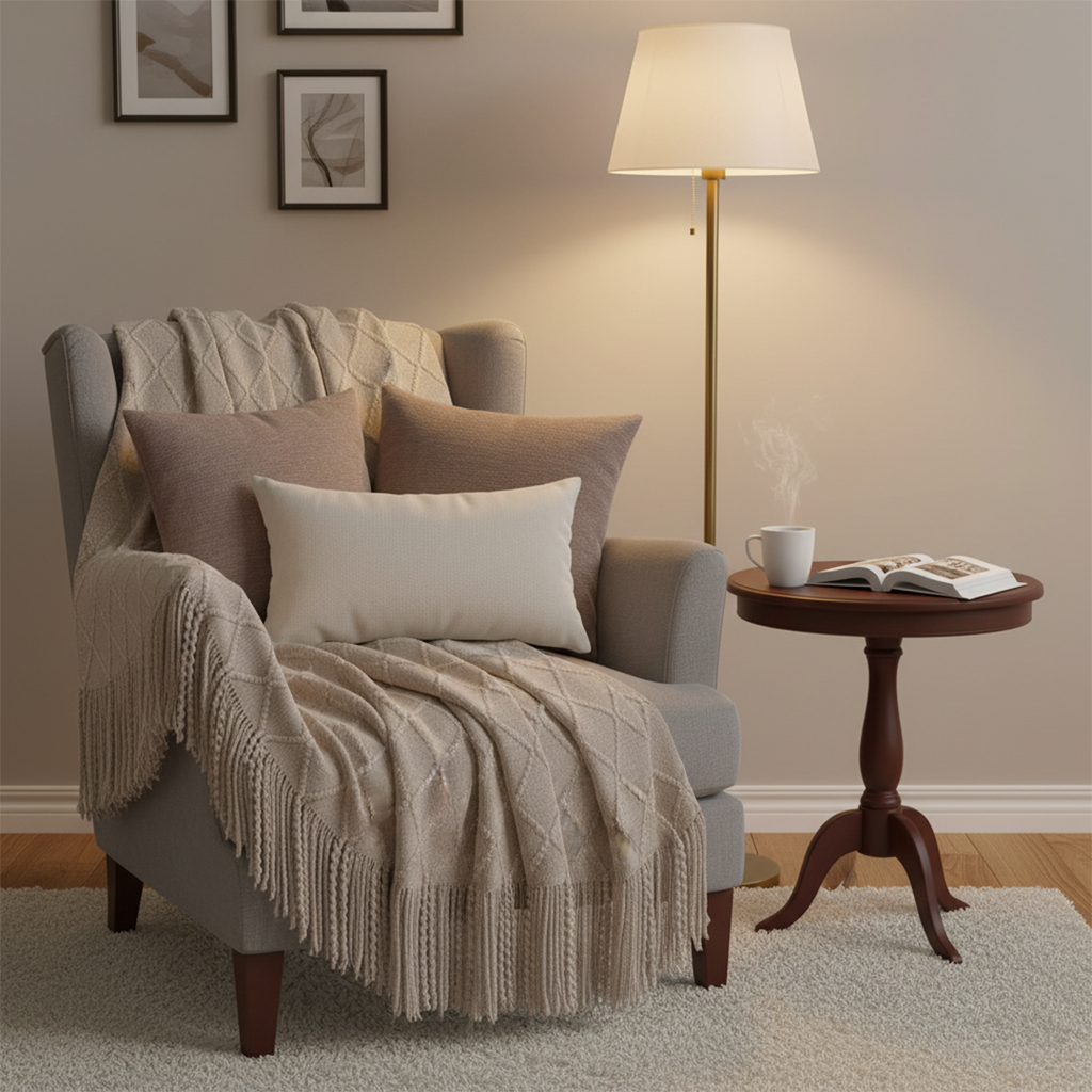 SOGA 4PC Set – Coffee Diamond Knitted Throw with Tassels + Brown Pillowcases & White Lumbar Pillow – Cozy Stylish Decor