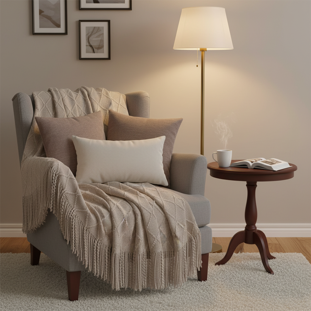 SOGA 4PC Set – Coffee Diamond Knitted Throw with Tassels + Brown Pillowcases & White Lumbar Pillow – Cozy Stylish Decor