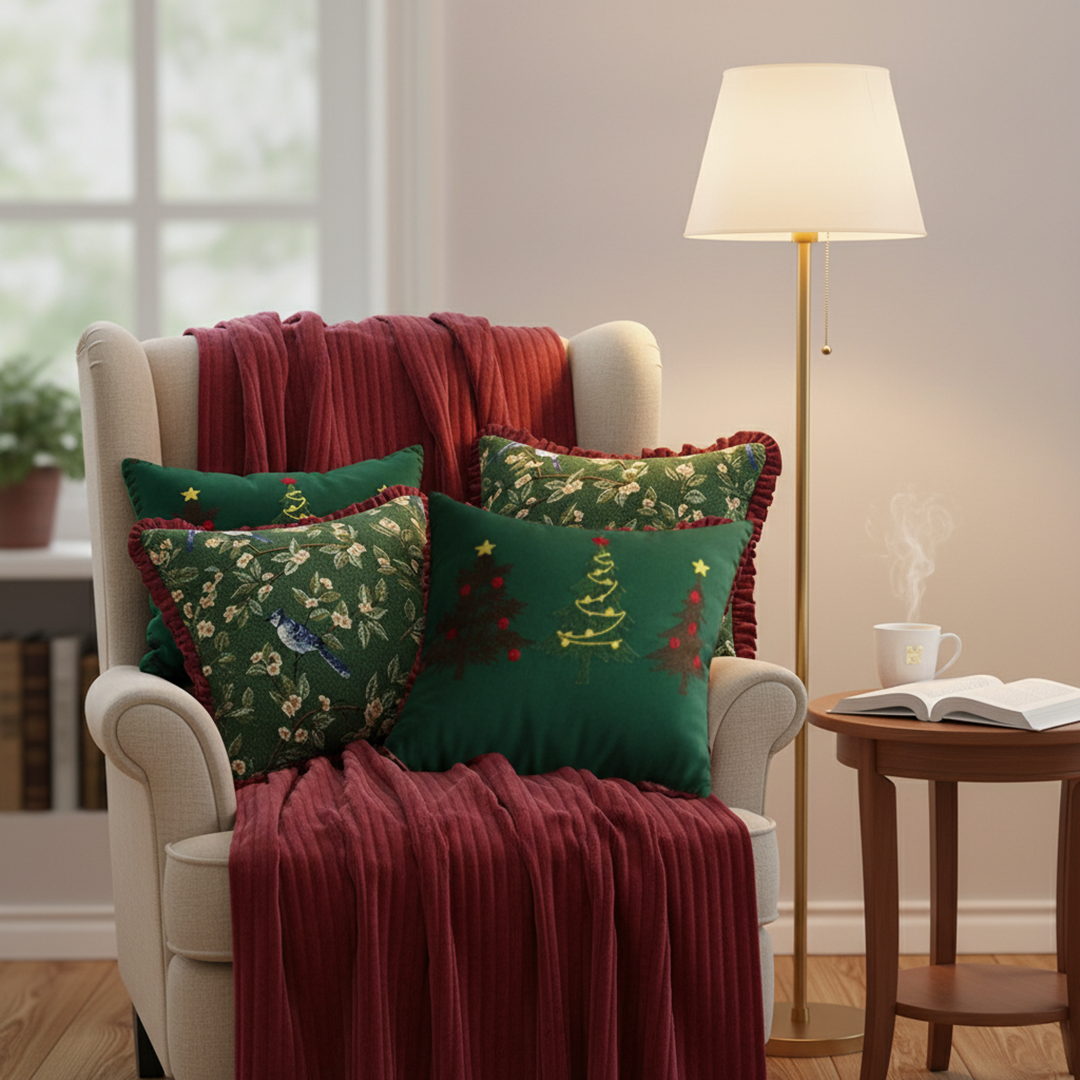 SOGA 5PC Christmas Set – Striped Flannel Throw Blanket with Tree Trio & Holiday Pillow Covers