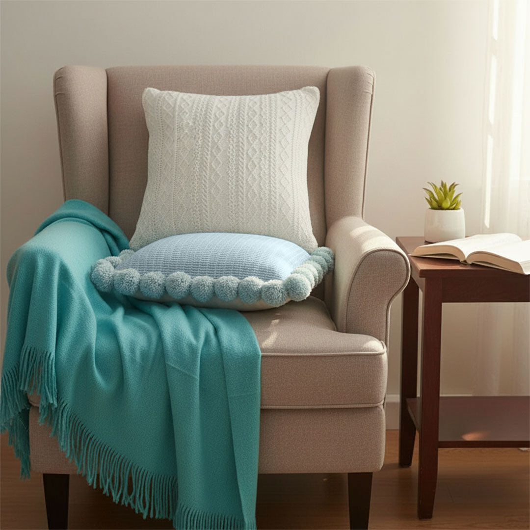 SOGA 3PC Cozy Knit Set – Teal Throw Blanket with Decorative Knitted Pillow Covers (Blue Ribbed & Cable Knit Design)
