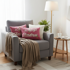 SOGA 4PC Christmas Set – Coffee Knitted Throw with Fringes + Script & Cream Pillowcases – Cozy Festive Decor