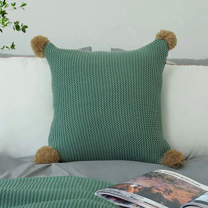 SOGA 45cm Ribbed Knit Pillowcase with Pom-Poms (Sage Green)