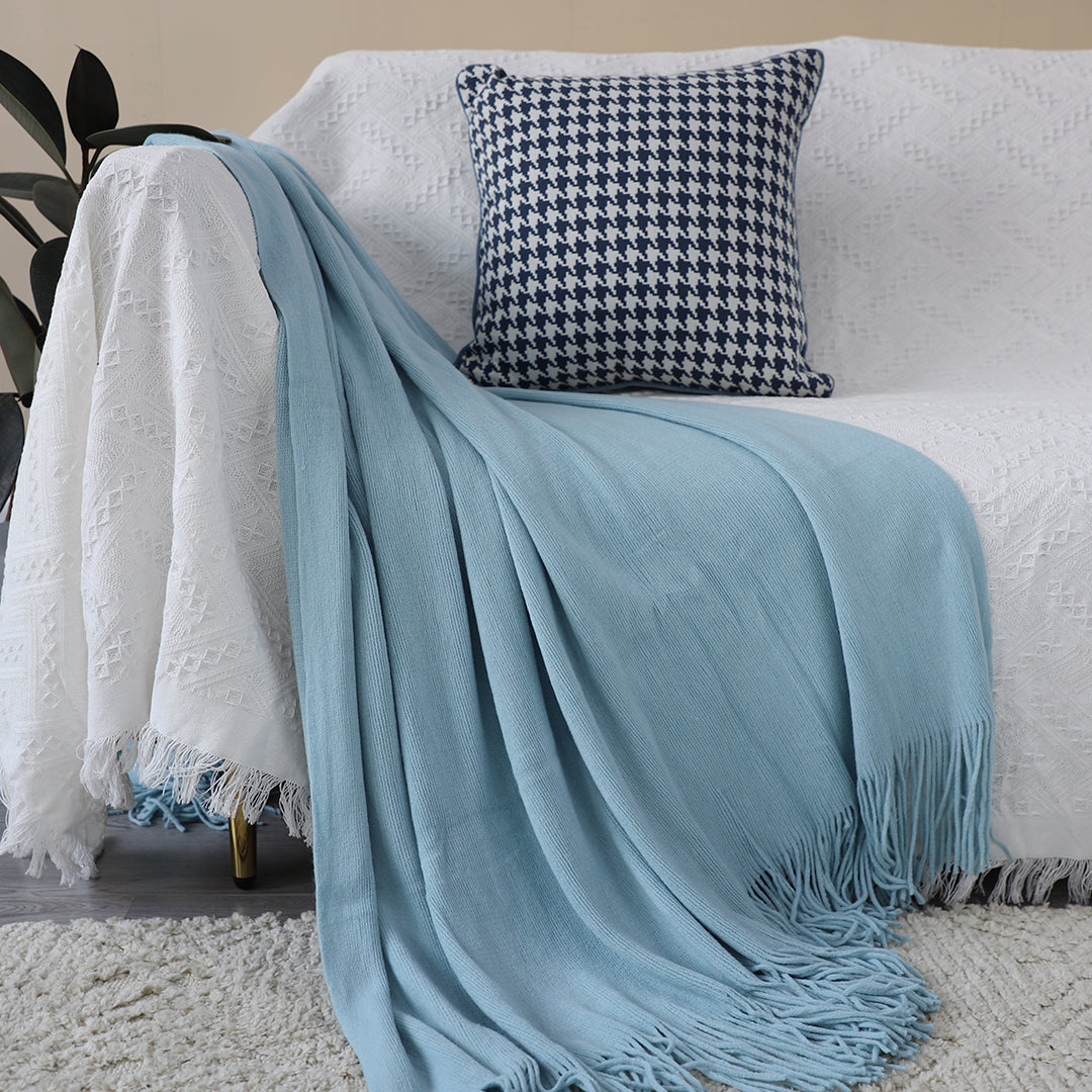 SOGA 2X Sky Blue Acrylic Knitted Throw Blanket Solid Fringed Warm Cozy Woven Cover Couch Bed Sofa Home Decor